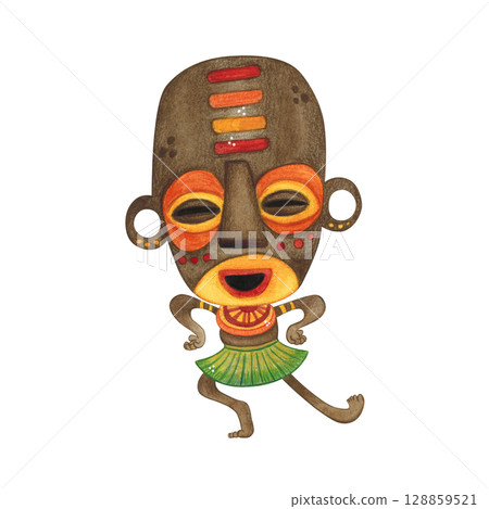 Dancing african aborigine in brown mask with bright pattern and big ears in green skirt. Watercolor illustration, hand drawn, cartoon. Drawing for poster, stickers, print. Africa, mask, funny 128859521