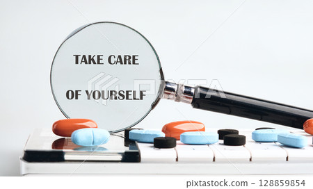 The concept phrase TAKE CARE OF YOURSELF. Inspirational motivational quote. The concept phrase TAKE CARE OF YOURSELF. Inspirational motivational quote. 128859854