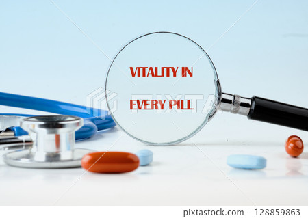 The concept phrase is VITALITY IN EVERY PILL. Balance, eat, vitality, exercise, sleep, rest and care concept The concept phrase is VITALITY IN EVERY PILL. Balance, eat, vitality, exercise, sleep, rest and care concept 128859863