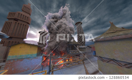 未來城市遭到攻擊的場景 未來城市遭到攻擊的場景 128860534