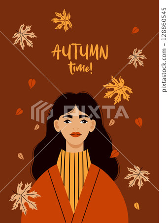 Autumn time. Pretty Woman with maple leaves poster. Female Autumnal Portrait fair-skinned brunette with long hair. Vector vertical illustration. Not AI Autumn time. Pretty Woman with maple leaves poster. Female Autumnal Portrait fair-skinned brunette with long hair. Vector vertical illustration. Not AI 128860545