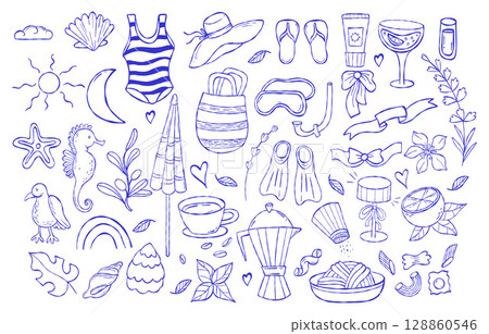 Dolce vita. Mediterranean aesthetics. Summer beach relaxation and Italian food Doodle set. Isolated Outline hand drawn beachwear, accessories and nautical leisure, Drinks. Vector illustration. Not AI 128860546