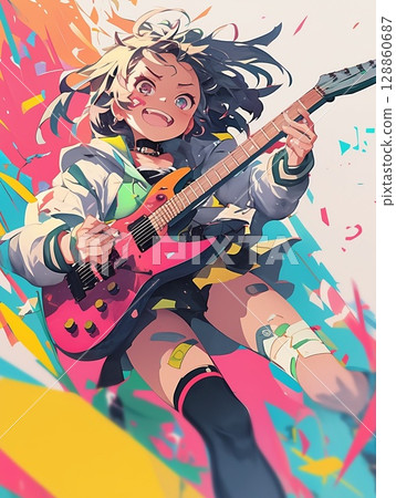 A happy girl holding a guitar 128860687