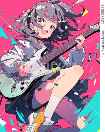 A happy girl holding a guitar 128860688