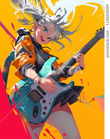 A happy girl holding a guitar 128860689