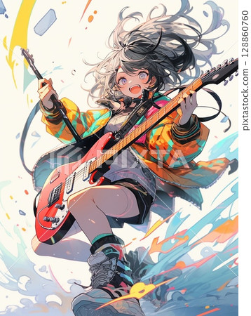 A happy girl holding a guitar A happy girl holding a guitar 128860760