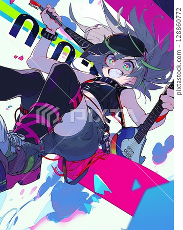 A happy girl holding a guitar 128860772