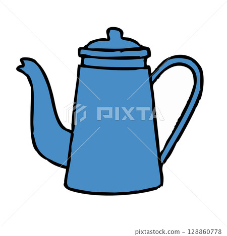 Hand-drawn style illustration of a blue enamel pot 128860778
