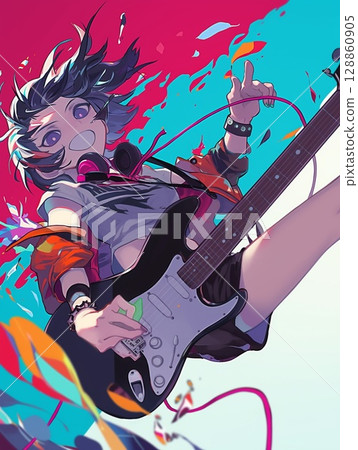 A happy girl holding a guitar 128860905