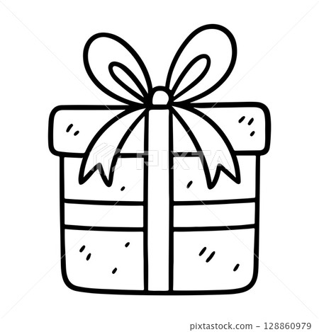 gift box black and white doodle style icon, clean line art,  128860979