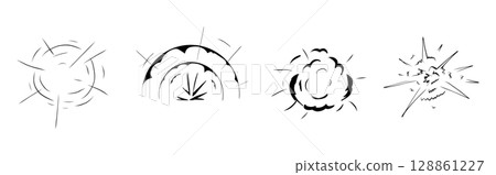 Explosion effect comic manga line sketch. Motion anime explode, radial action burst. Round explosions cloud silhouette. Explosion effect comic manga line sketch. Motion anime explode, radial action burst. Round explosions cloud silhouette. 128861227