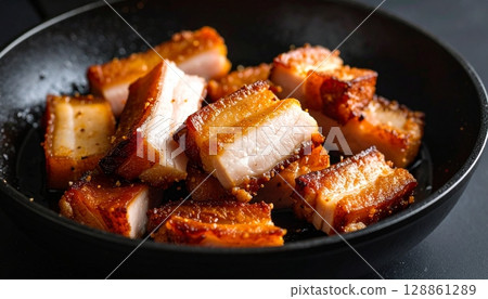 Crispy pork belly with garlic and pepper sauce on the table Crispy pork belly with garlic and pepper sauce on the table 128861289