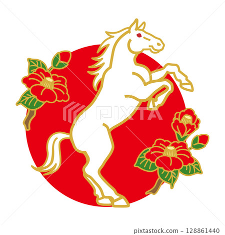 2026 馬年賀年卡素材 - 站立的白馬和圓形山茶花裝飾 128861440