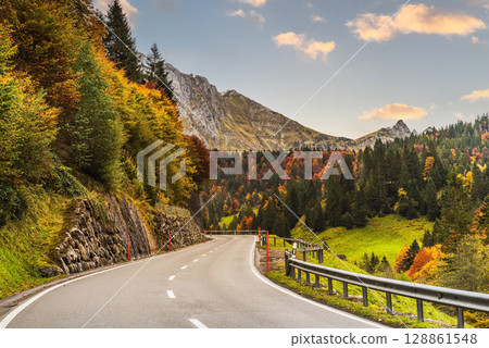 Scenic mountain road to Schwaegalp in the Swiss Alps through an autumn landscape, Switzerland 128861548