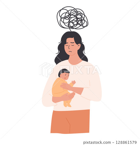 Young mother holding newborn baby, overwhelmed and mentally exhausted. Postpartum depression, sleep deprivation, hormonal shifts, and maternal mental health challenges. Flat Style Vector Illustration. 128861579