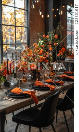 A table with a black tablecloth and orange napkins A table with a black tablecloth and orange napkins 128861617