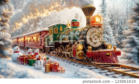 A train with a green engine A train with a green engine 128861619