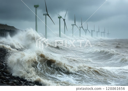 A large body of water with a stormy sky 128861656