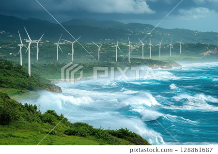 A wind farm is visible on the horizon, with the ocean in the background 128861687