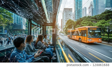 A bus is driving down a city street with people sitting in the back 128861688