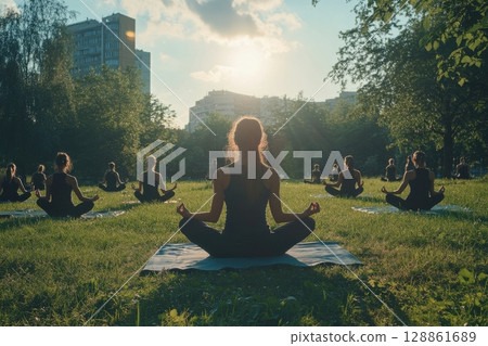 A group of people are sitting in a field, practicing yoga 128861689