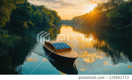 A boat is floating on a river with a beautiful sunset in the background 128861713