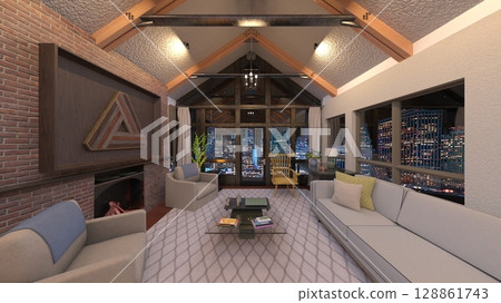 living dining room with large windows 128861743