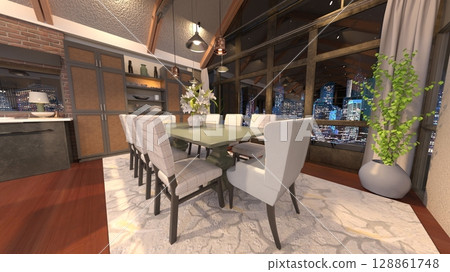 living dining room with large windows 128861748