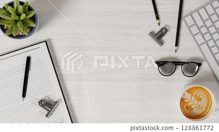 Modern Workspace Flat Lay with Accessories and Coffee 3D Render 128861772