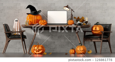 Halloween-Themed Home Office with Pumpkins and Ghosts 3D Render. 128861778