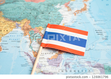 Bangkok, Thailand December 7, 2023, Thailand flag on world map. 128861796
