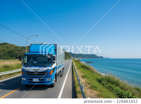 （AI 生成）物流圖像：行駛在日本道路上的外國製造的卡車 128861852