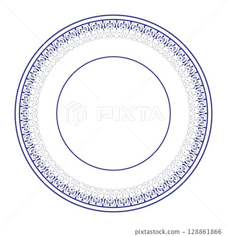 Oriental round pattern with arabesques on a white background. Vintage round frame. Traditional ornament. Decorative round frame for laser cutting or engraving.  128861866