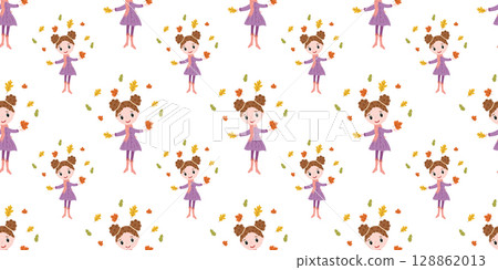 Fall seamless pattern with themed girl illustrations with leaves in flat style. Hand drawn autumn vector for digital projects and print 128862013