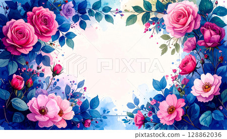 Watercolor pink rose frame 128862036