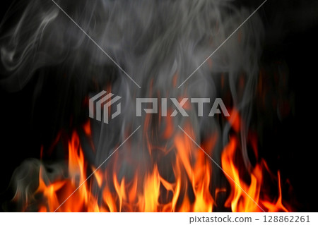 Smoke and fire background material, realistic smoke abstract on black background 128862261