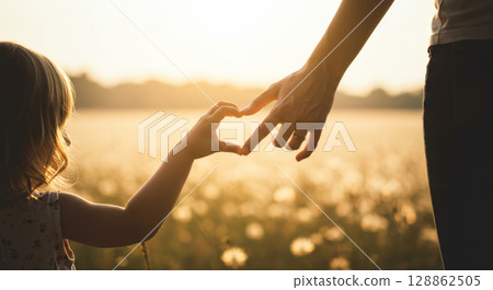 Child and adult hands forming a heart at sunset. Love and family bond. 128862505