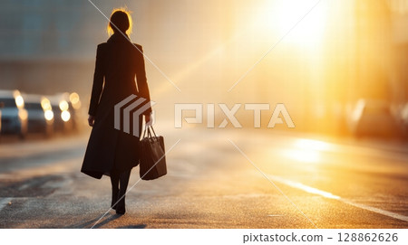 Woman Walking in Modern City 128862626