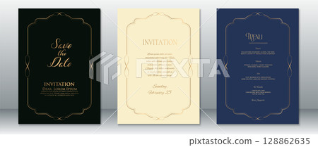 Vintage Wedding Invitation and Menu Set with Gold Frame in Dark Green, Cream, and Navy Blue Vintage Wedding Invitation and Menu Set with Gold Frame in Dark Green, Cream, and Navy Blue 128862635
