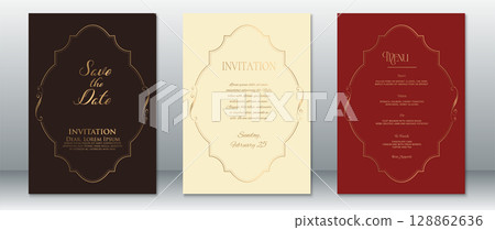 Elegant Wedding Invitation Set with Gold Border in Brown, Cream, and Burgundy Red 128862636