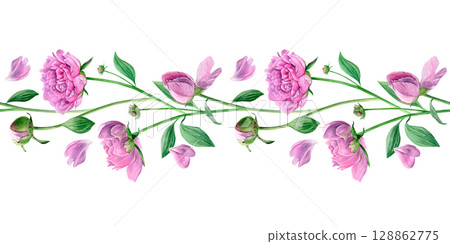 Seamless border with pink peonies. Watercolor summer flowers and petals isolated on a white background. Good for wallpaper, fabric and greeting cards Seamless border with pink peonies. Watercolor summer flowers and petals isolated on a white background. Good for wallpaper, fabric and greeting cards 128862775