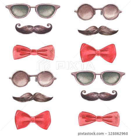 Set of sunglasses, mustache, bow tie. Hand-painted watercolor seamless pattern isolated on white background for hipster branding, barbershop decor, men fashion, gentleman designs, printing, packaging Set of sunglasses, mustache, bow tie. Hand-painted watercolor seamless pattern isolated on white background for hipster branding, barbershop decor, men fashion, gentleman designs, printing, packaging 128862968