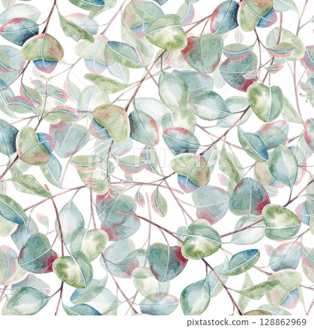 Seamless eucalyptus pattern, twigs with leaves, hand drawn watercolor branches isolated on white. Botanical pattern for packaging, printing, invitation, card, postcard, tags, wrapping, fabric, textile 128862969