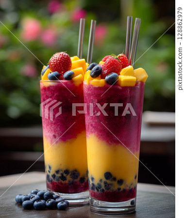 Colorful fruit smoothies: Vitamin-packed sweet drinks perfect for summer 128862979