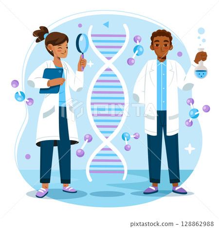 Scientific Team at Work with a DNA Research Flat Composition 128862988
