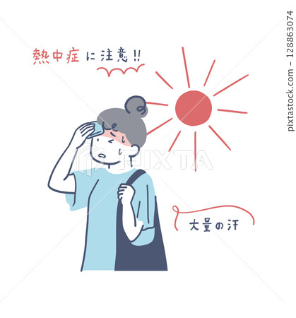 一位婦女在炎熱天氣中用手帕擦汗的插圖素材 128863074