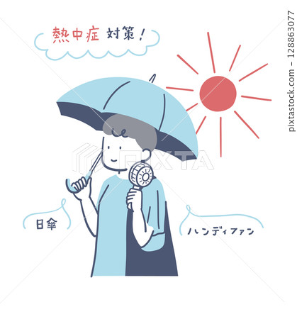 Illustration material of a woman cooling off with a parasol and handheld fan 128863077
