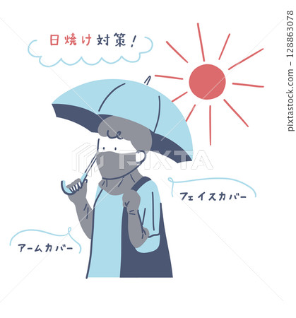 Illustration material of a woman walking while taking measures against sunburn 128863078
