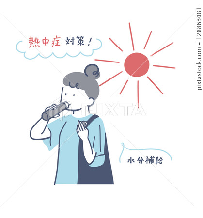 Illustration material of a woman drinking water outdoors in midsummer 128863081