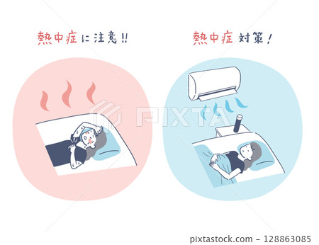 Illustration set of measures to prevent heatstroke while sleeping in midsummer 128863085